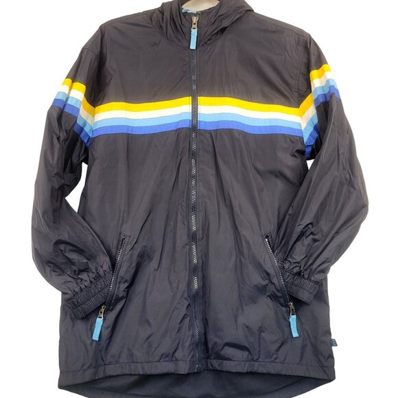 Gap Kids XL 12 Navy Windbreaker Yellow Blue Stripes Full-Zip Hooded Mesh Lining - Picture 1 of 11
